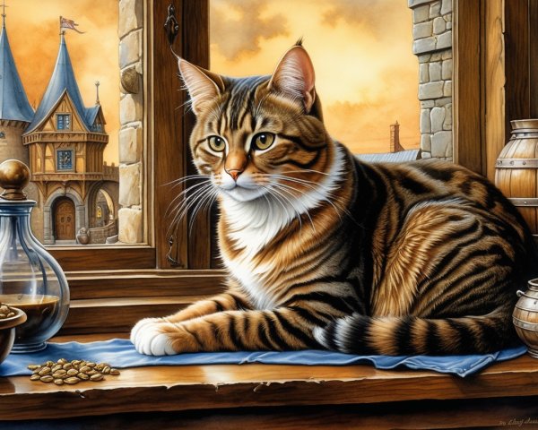 Tabby Cat on Windowsill with Medieval Landscape View