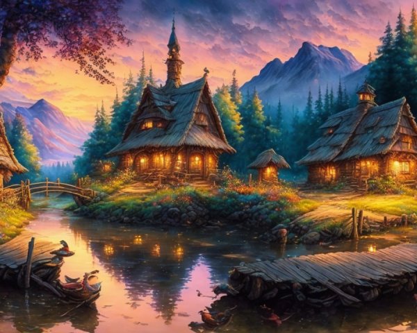 Charming Cottages and Sunset Over Serene River