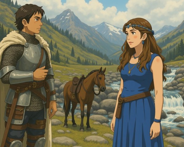 Knight and Woman in Mountain Landscape with River
