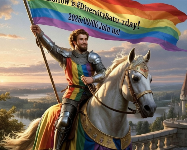 Knight on White Horse with Rainbow Flag in Landscape