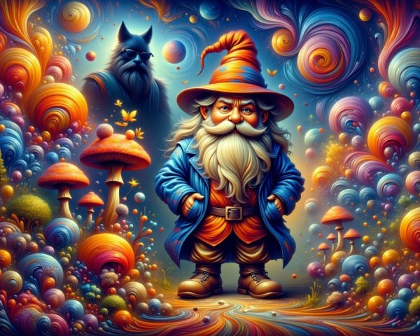 Cheerful wizard in vibrant landscape with mushrooms and cat