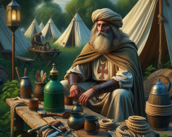 Campsite Scene with Cloaked Figure and Tents