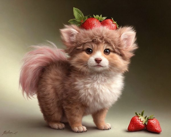 Fluffy Puppy with Strawberries on Soft Background