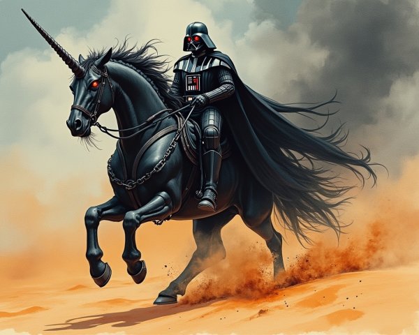 Dark Knight on Unicorn in Sci-Fi Fantasy Landscape