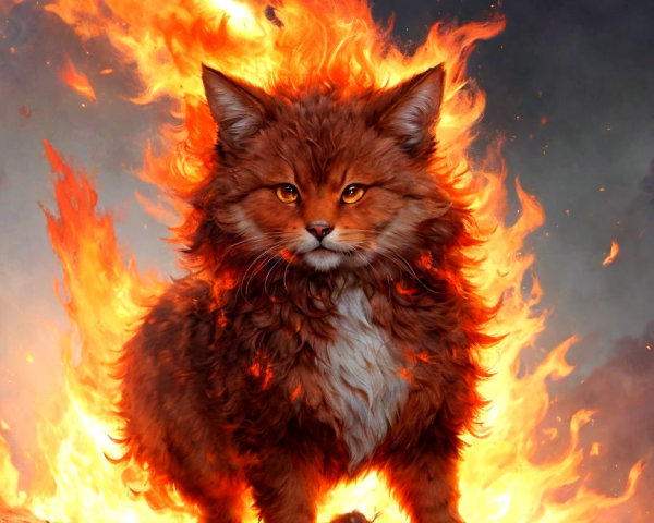 Majestic Fiery Cat Amid Swirling Flames and Smoke