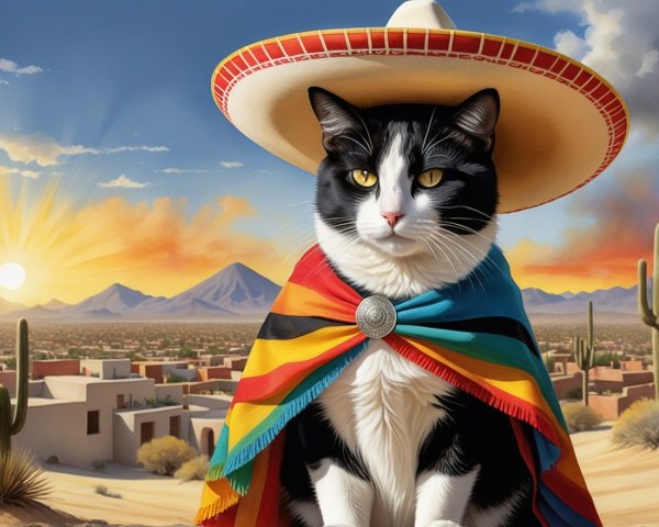 Black and white cat in poncho and sombrero in desert