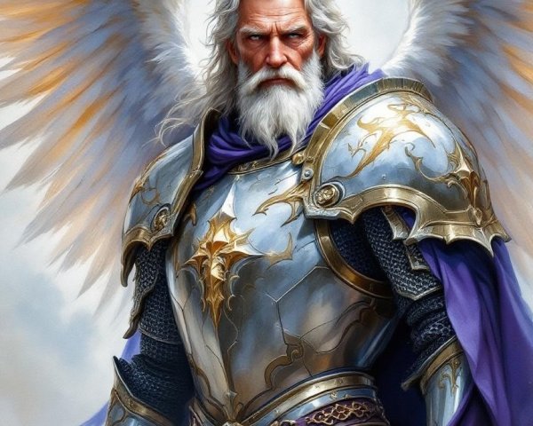 Majestic warrior in silver armor with ethereal wings
