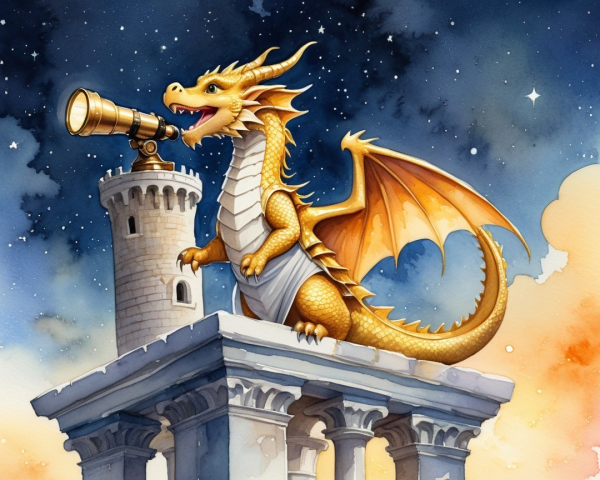 Golden dragon on tower gazes at starry night sky