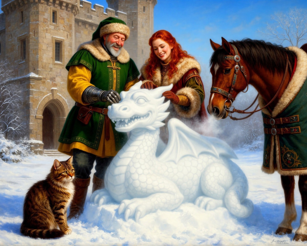 Elderly Man and Woman Creating Snow Dragon in Snow