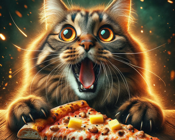 Fluffy Cat with Golden Fur Pawing at Pizza Slice