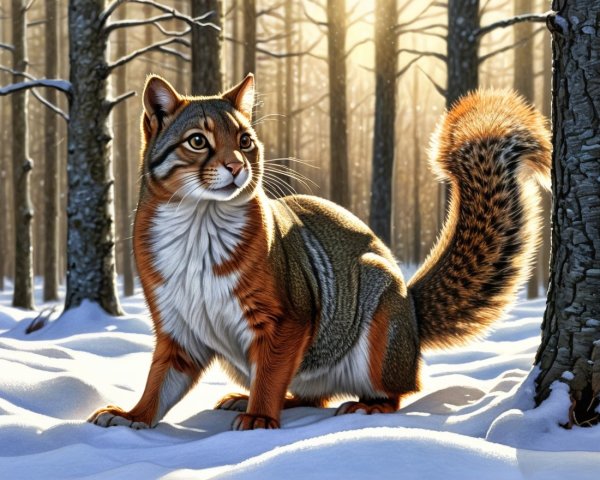 Feline in Snowy Forest with Striped Orange-Brown Fur