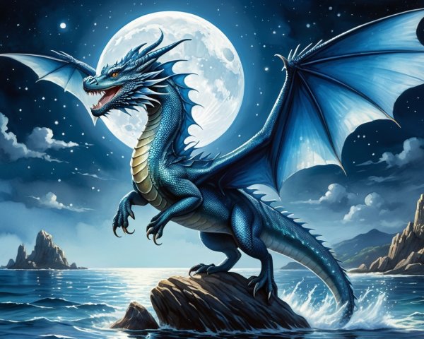 Majestic blue dragon on rocky outcrop under moonlight