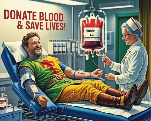 Cheerful Knight Donates Blood in Colorful Armor
