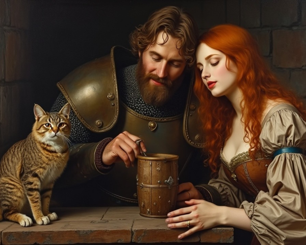 Medieval Knight and Woman Examine Wooden Vessel Together