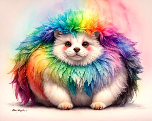 Fluffy Rainbow-Colored Animal with Expressive Eyes
