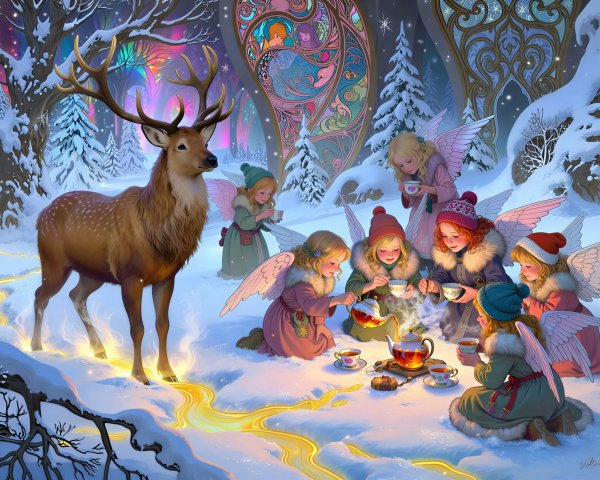 Reindeer and Angelic Girls in a Winter Wonderland Scene