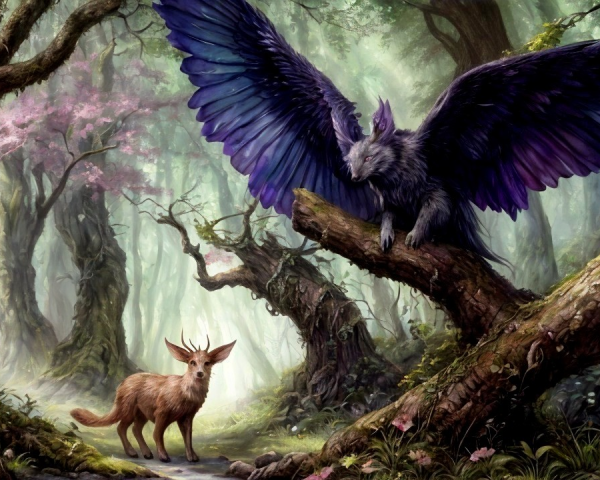 Majestic creature with purple wings in enchanted forest