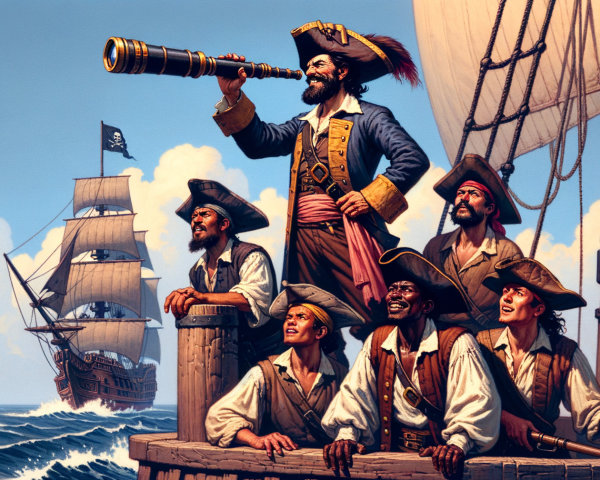 Pirates on Ship Deck with Telescope and Flag