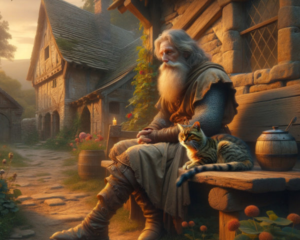 Elderly Man on Bench with Cat in Serene Village