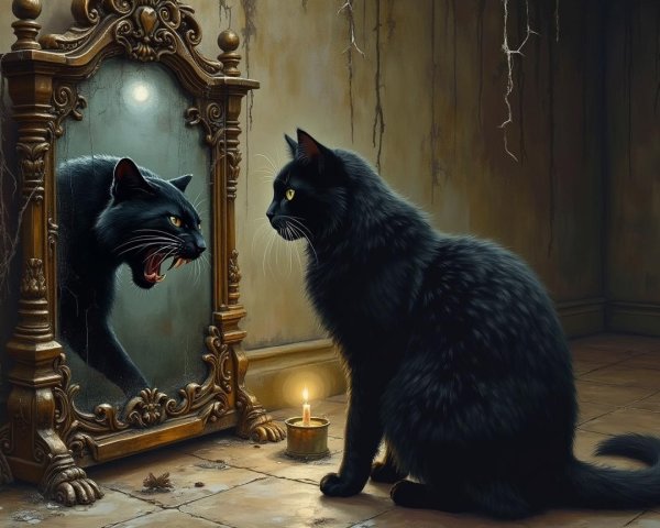 Black Cat and Antique Mirror in Abandoned Room