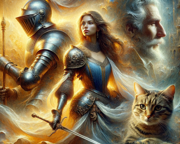 Fantasy Scene with Knight, Woman, and Cat in Light