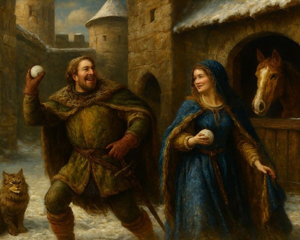 Romantic Realism Oil Painting of Snowball Fight Scene