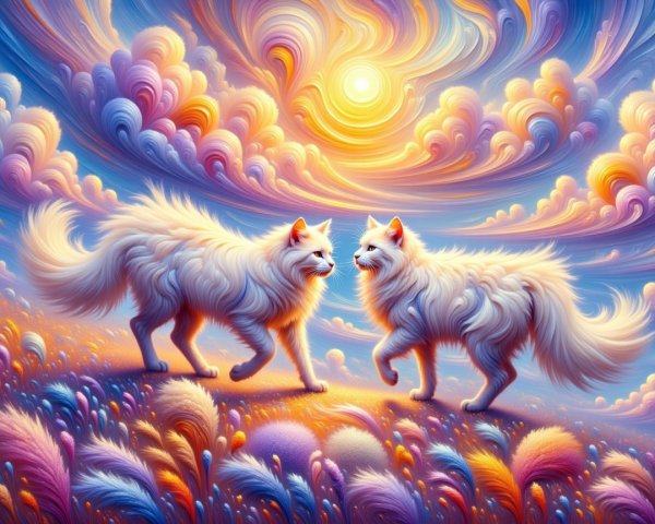 Fluffy white foxes in a vibrant sunset landscape