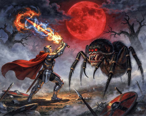 Fantasy Scene of Knight vs. Giant Spider Under Moon