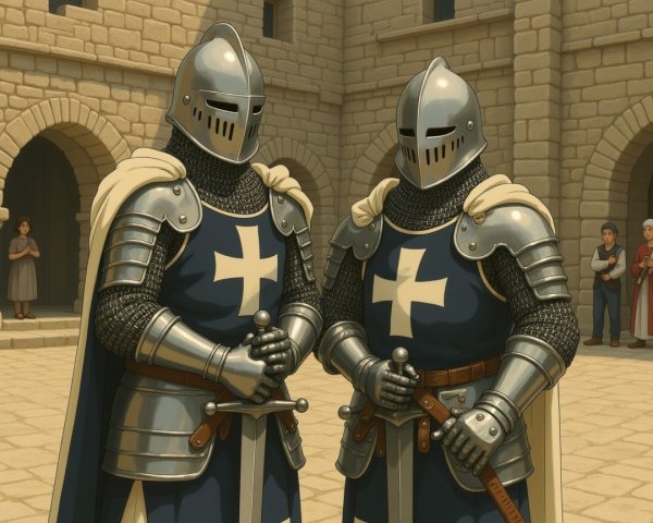 Knights in Armor in Medieval Courtyard Setting