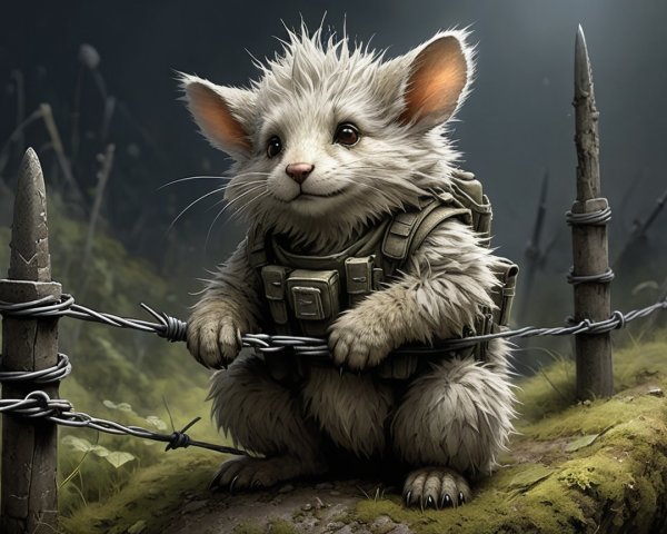 Fluffy Creature in Tactical Vest Near Barbed Wire Fence