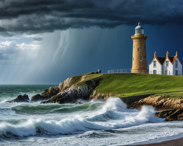 Lighthouse on Cliff Overlooking Stormy Sea Landscape
