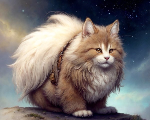 Fluffy Cat with Creamy Fur Against Cosmic Backdrop
