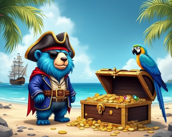 Cartoon Bear Pirate on Beach with Treasure Chest