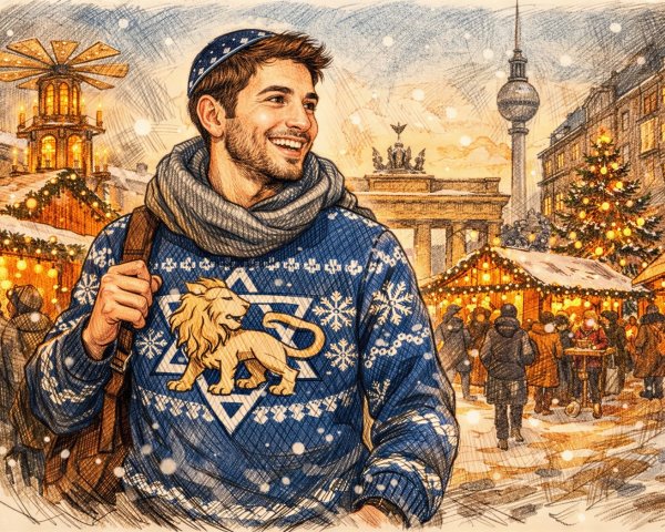 Man in Blue Sweater at Winter Market with Kippah