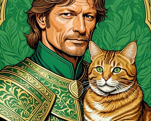 Heroic figure in green armor with a golden-striped cat