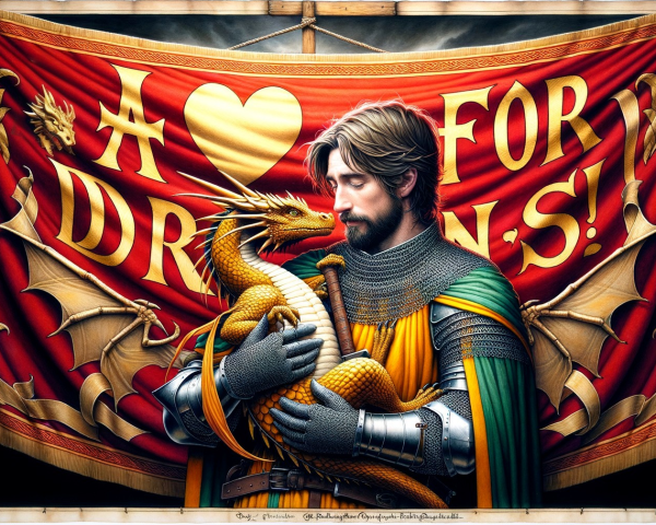 Knight with Dragon Against Vibrant Red Banner