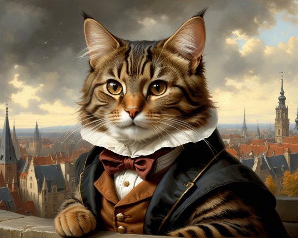 Regal Cat in Formal Attire Against City Skyline