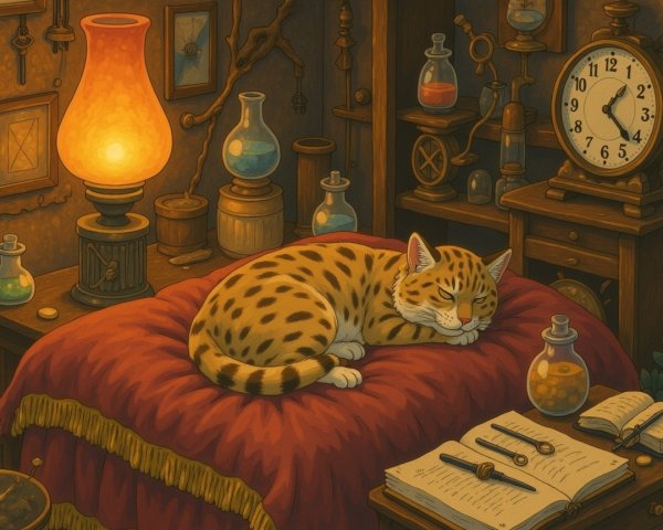 Cozy Room with Artifacts and a Sleeping Cat