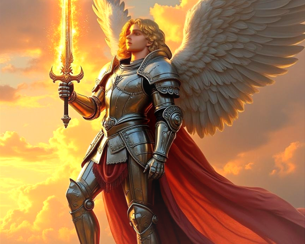 Majestic angel in armor with fiery wings on cliff