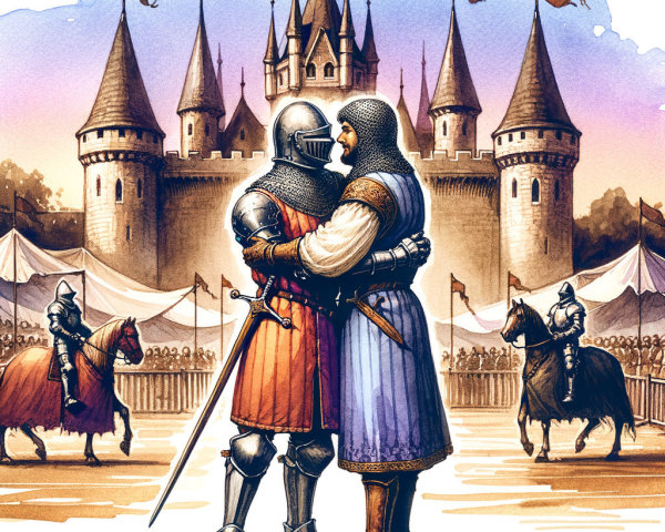 Knights Embracing at a Festive Medieval Tournament