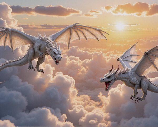 Dragons Soaring Above Clouds at Sunset