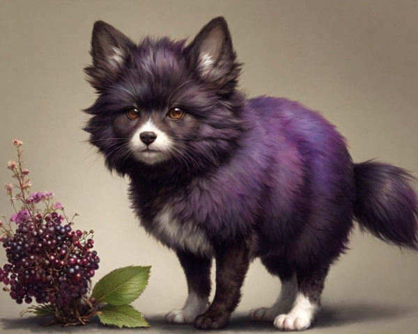 Fluffy purple and black dog with berries and leaves