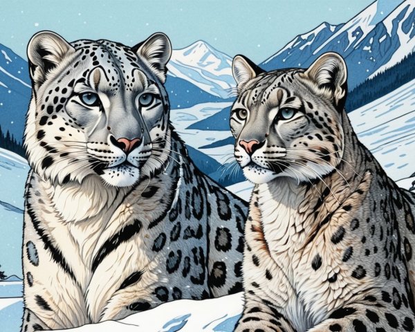 Snow Leopards on a Snowy Mountain Slope