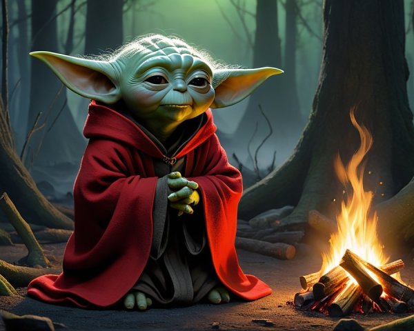 Wise Green Creature by Campfire in Dark Forest