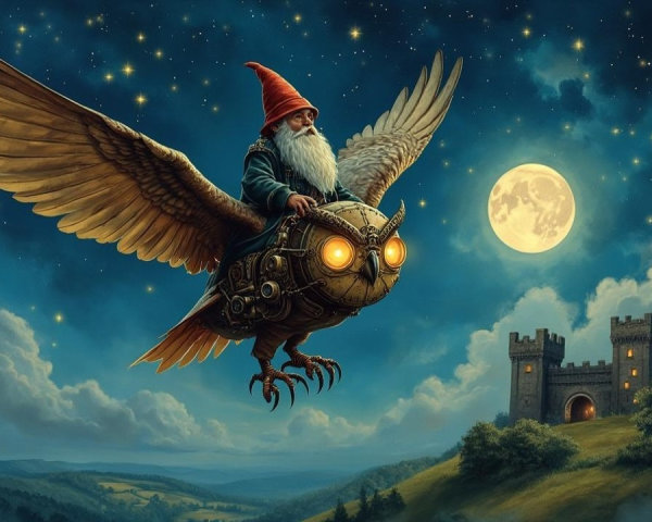 Gnome on Mechanical Owl in Starry Night Sky