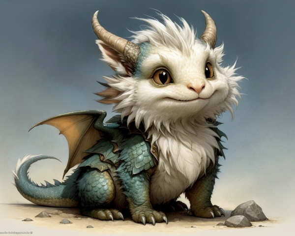 Cartoonish dragon with fluffy fur and teal armor