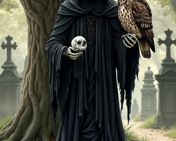 Skeletal Figure in Cloak with Owl in Graveyard