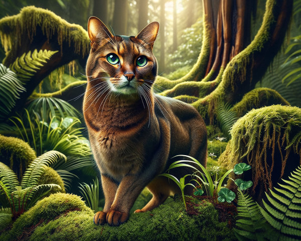 Majestic cat on mossy rock in vibrant forest setting