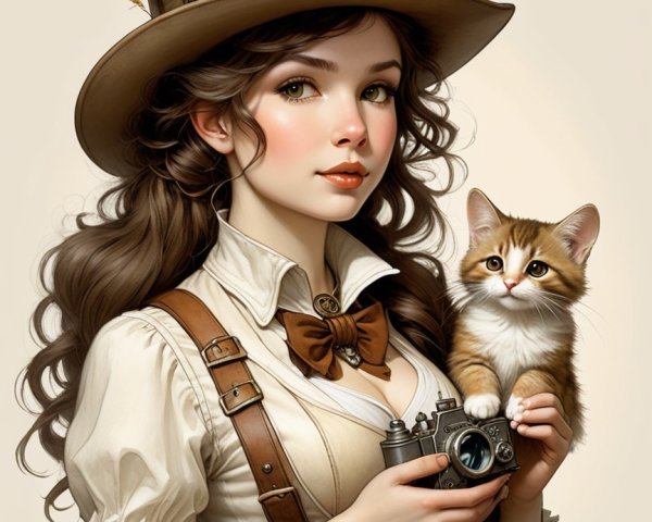 Young woman in steampunk attire with kitten and camera