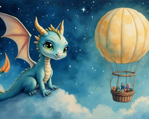 Whimsical Blue Dragon and Hot Air Balloon Scene